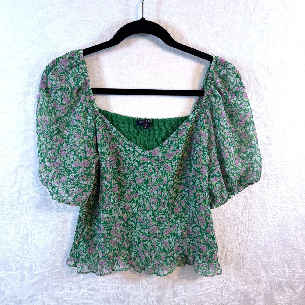 Skies Are Blue Blouse Floral Puff Sleeve Cottagecore Smocked Medium Green Womens